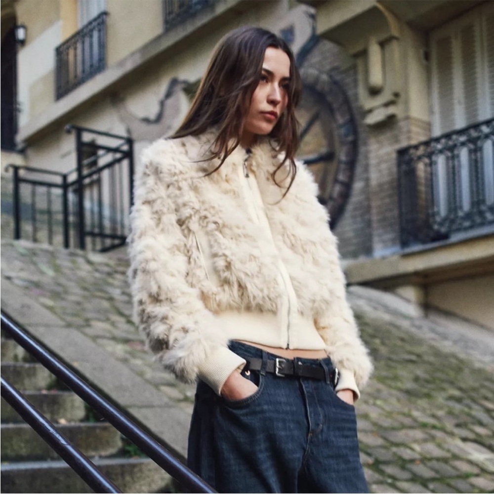 NWT Zara Faux Fur Bloggers Fav Full Zip Bomber Jacket Sz:M Ecru